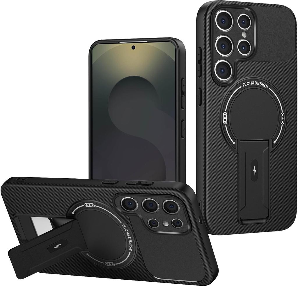 Hülle für Samsung Galaxy S22 Ultra Magnetisch Carbonfaser Design TPU Hybrid Handyhülle mit Ständer Schwarz