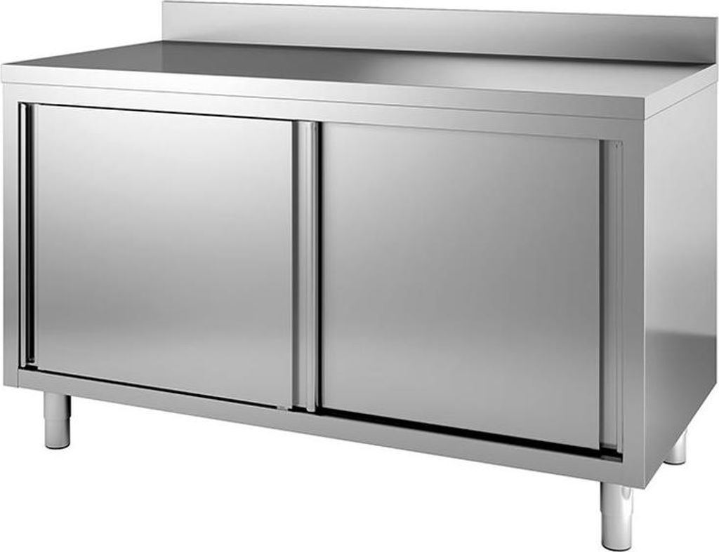 Arbeitsschrank aus Edelstahl mit Schiebetüren und Aufkantung, 1400(L)x800(T)x880(H)mm
