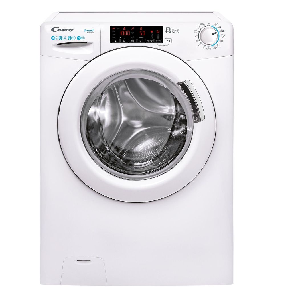 A front view of a white Candy washing machine against a white background.