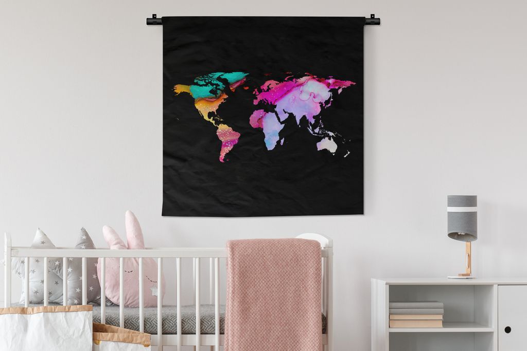 MuchoWow Wandteppich Wandbehang Weltkarte - Farben - Farbe 90x90 cm Tapisserie Dekoration Wandtuch - Wandaufhänger