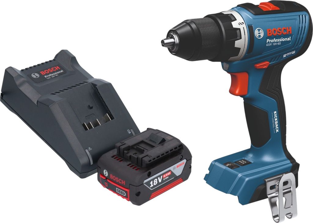 Bosch GSB 18V-65 Professional Akku Schlagbohrschrauber 18 V 65 Nm Brushless + 1x Akku 4,0 Ah + Ladegerät