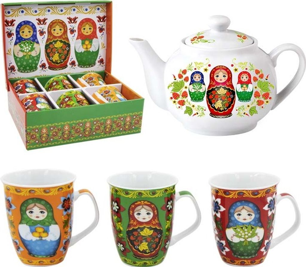 SET Teekanne Matröschka 0,9L + 6-Tassen-Set "Matröschka" Matrjoschka 330 ml