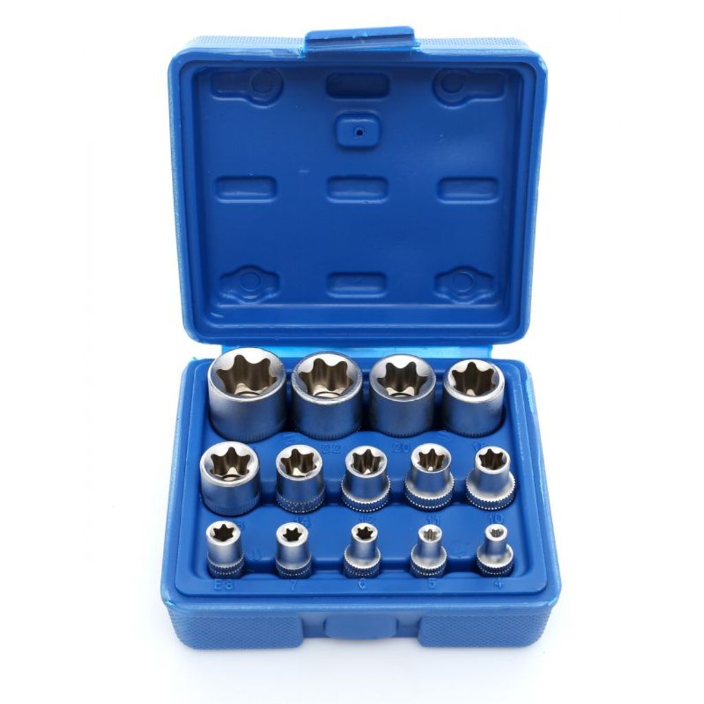 A set of Torx sockets in a blue plastic case, displayed on a white background.