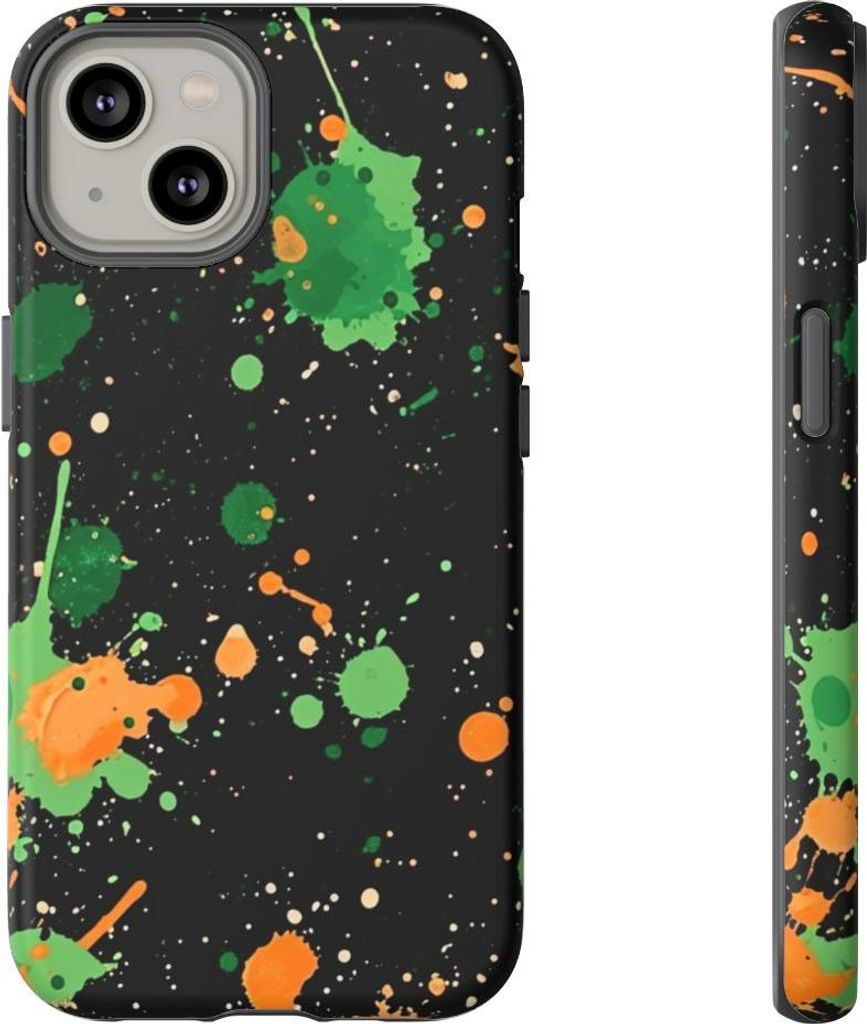 Grüne und orange Farbspritzer auf Schwarz – Hülle Kompatibel mit iPhone 14
