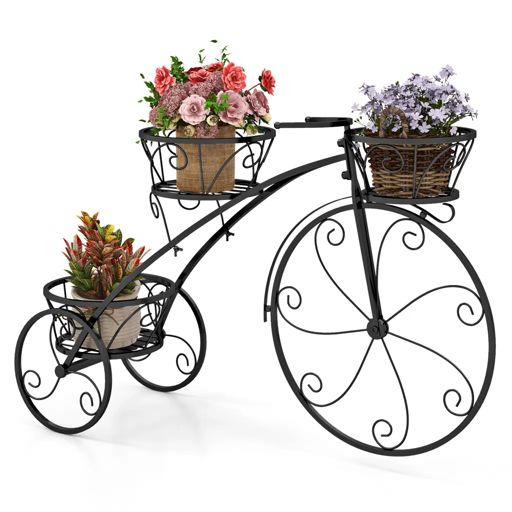 Étagère à Fleurs Design Vélo Rétro - Porte-Plante Métal 3 Niveaux Noir