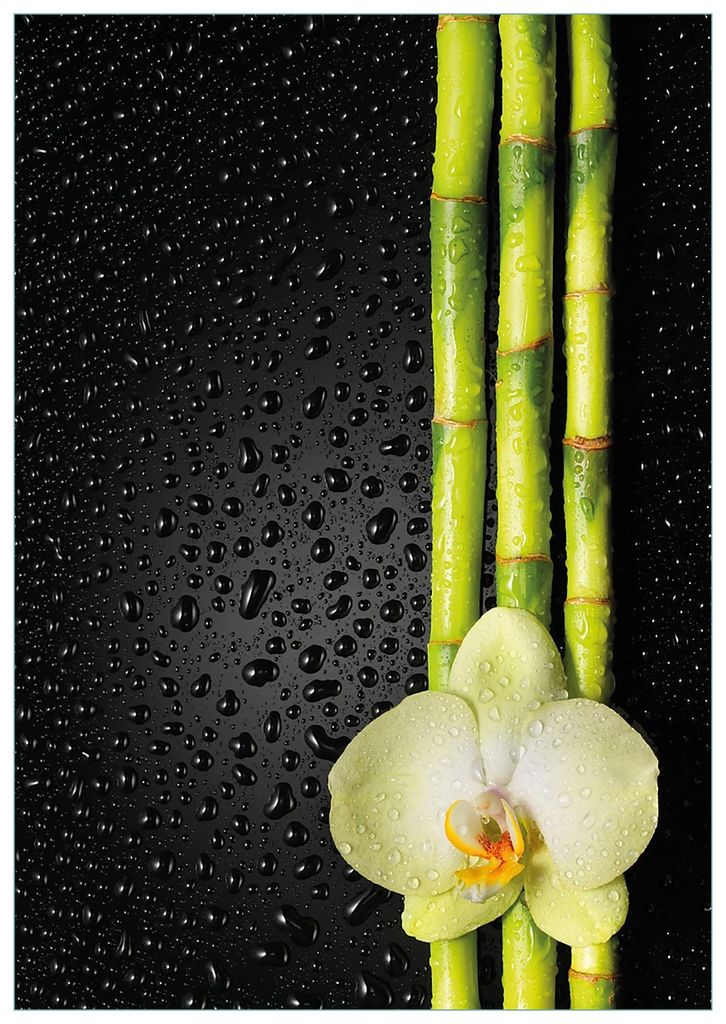 Wallario Premium Glasbild, freischwebende Optik, kräftige Farben, Größe 100 x 70 cm Motiv Grüne Orchidee mit Bambus auf schwarz - Regentropfen