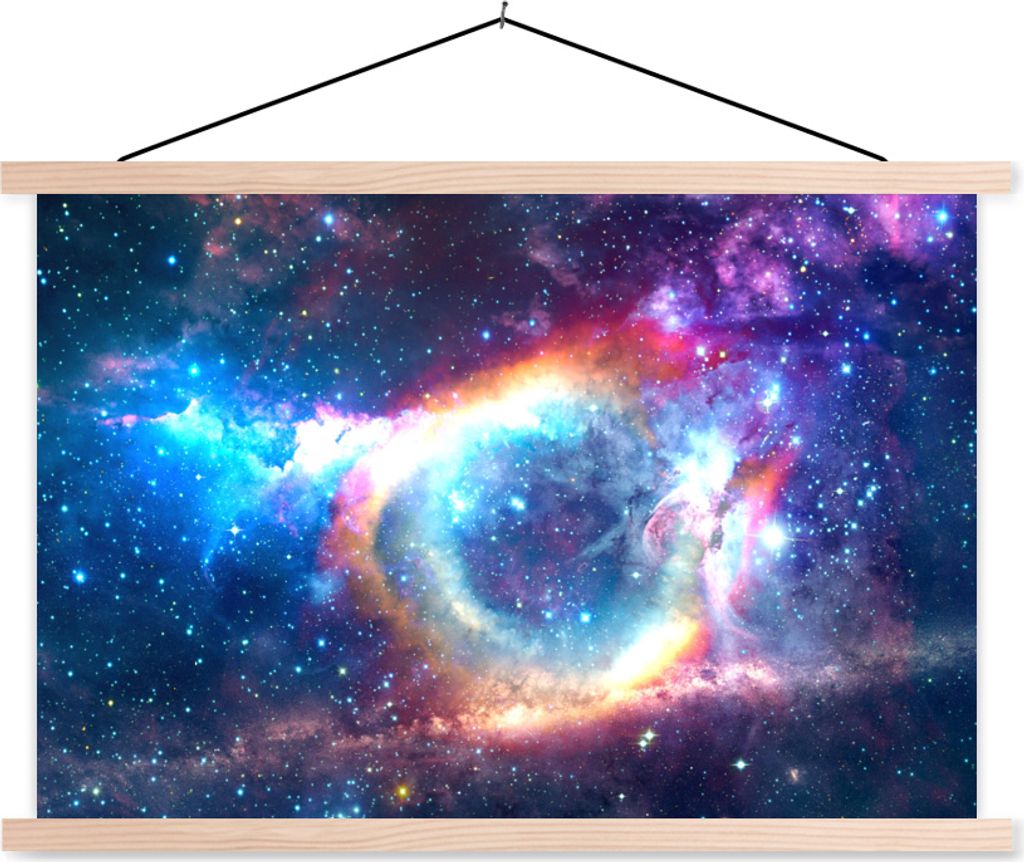 MuchoWow Textilposter Weltraum - Regenbogen - Sterne 120x80 cm mit holzfarbenen Rahmen - Aufhängeset