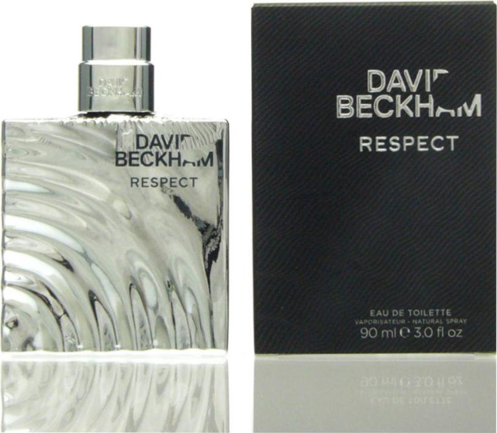 A bottle of David Beckham Respect Eau de Toilette and its packaging are displayed side-by-side against a white background.