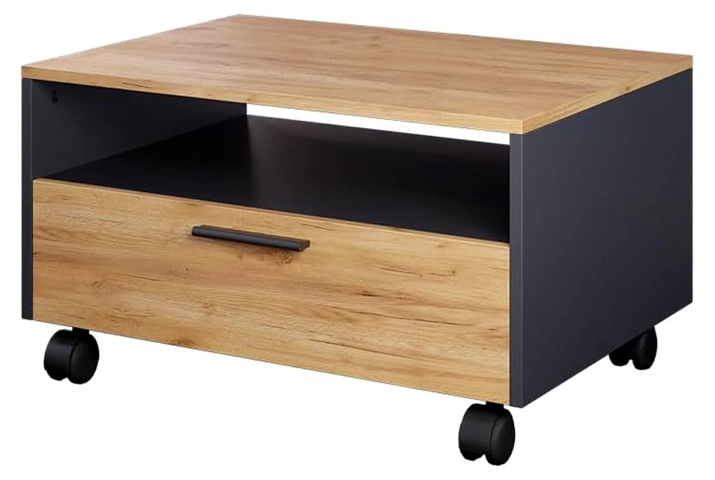Couchtisch Bibo, Anthrazit/Goldkraft Eiche, 70 x 52,4 cm, fahrbar auf Rollen für flexible Platzierung im Wohnbereich