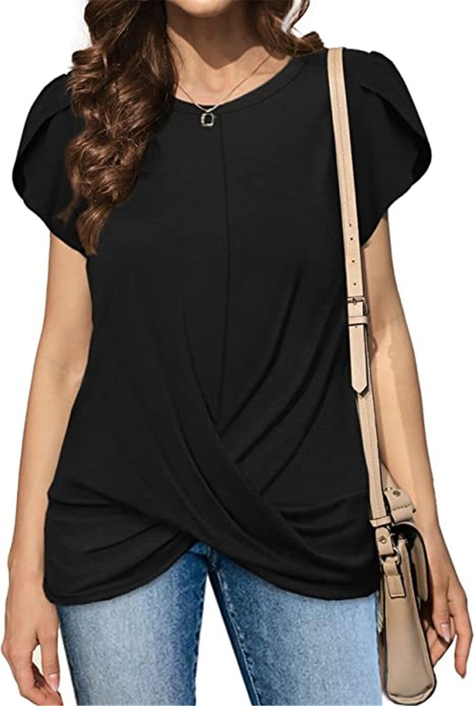 ASKSA Damen T-Shirt Rundhals Kurzarm Blütenblatt Ärmel Shirts Lose Sommer Twist Knoten-Tuniken Blusen Tops, Schwarz, L