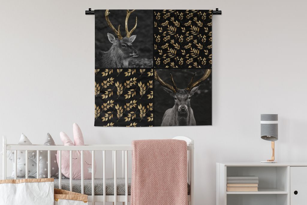 MuchoWow Wandteppich Wandbehang Collage - Tiere - Blätter - Gold 90x90 cm Tapisserie Dekoration Wandtuch - Wandaufhänger