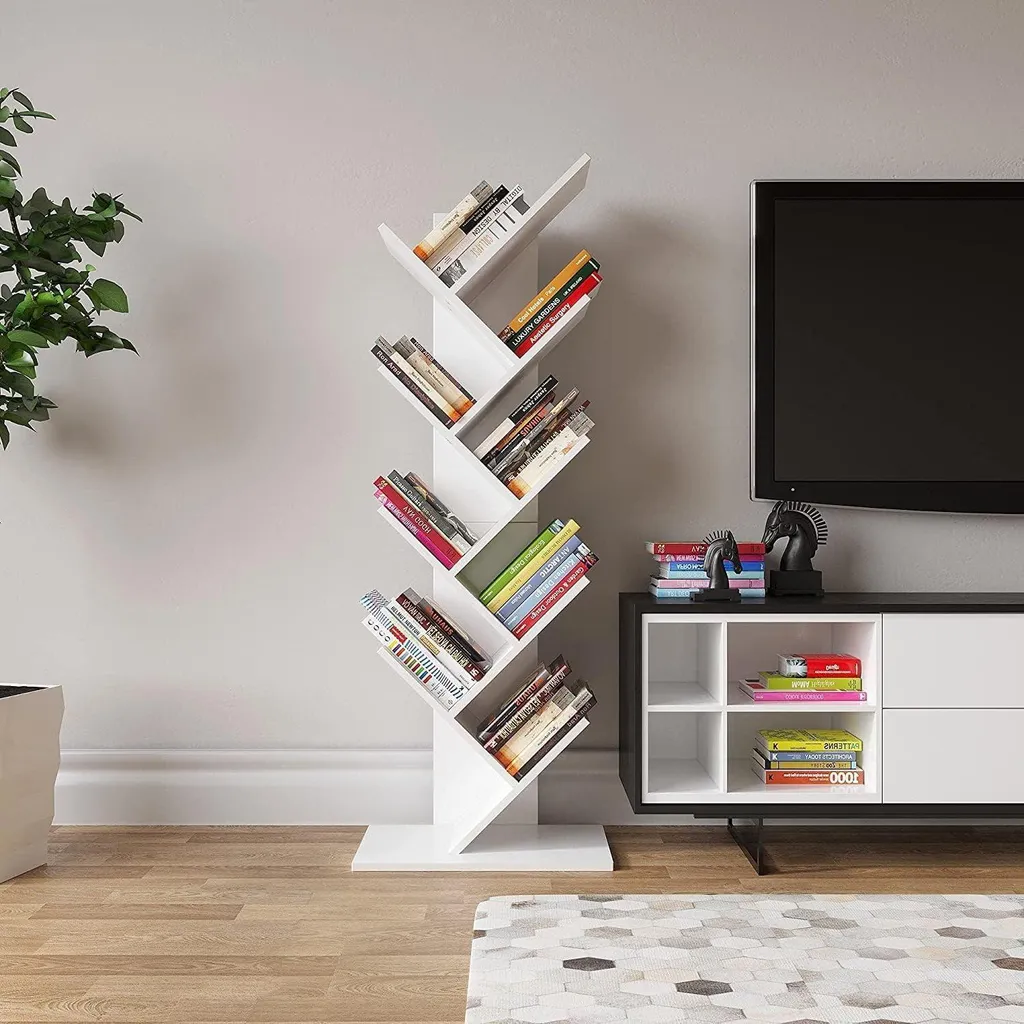 Petite Bibliothèque Stable Anti-Basculement - Étagère Arbre Blanche 9 L.