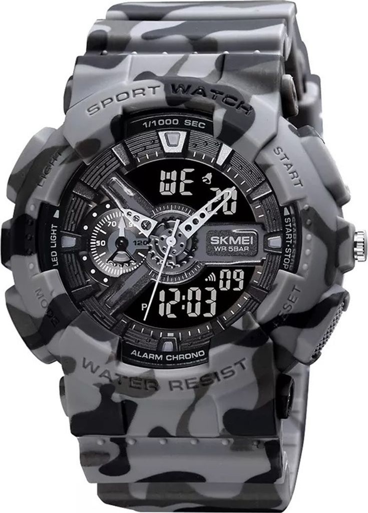 SKMEI Leon Herren-Sportuhr - Stoßfest, LED, Alarm - Army/Grau KP22411