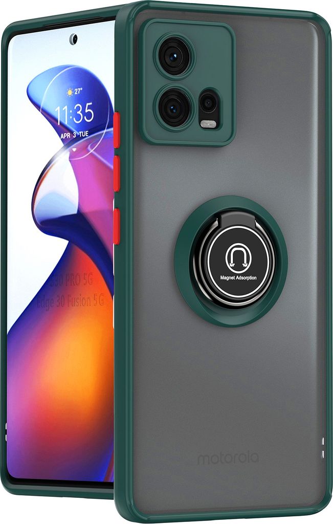 Motorola Edge 30 Fusion Hülle, Ring Halter Ständer Matte Transluzent TPU Rahmen Stoßfest Schutzhülle für Motorola Edge 30 Fusion dunkelgrün
