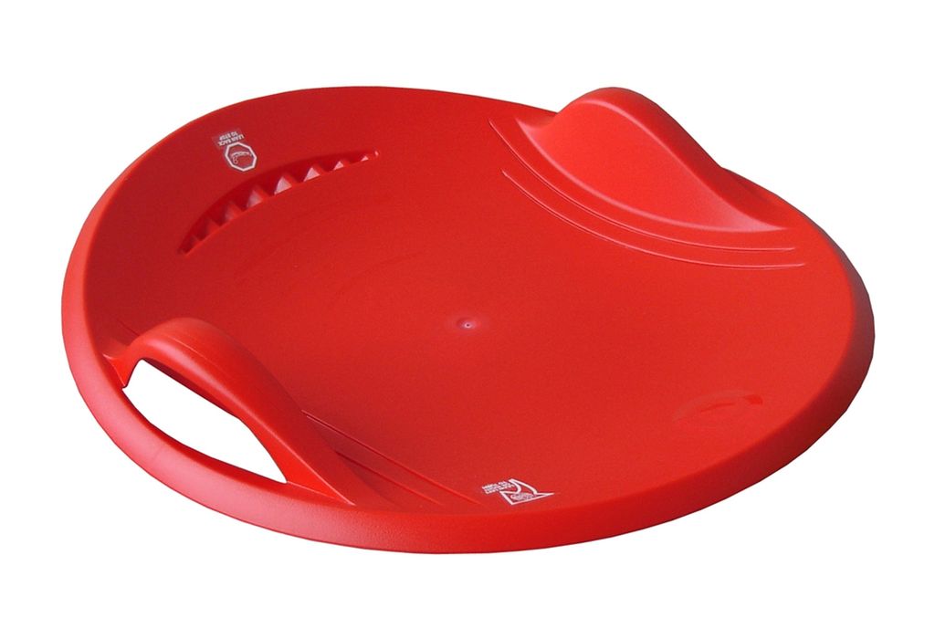 A red saucer sled on a white background.