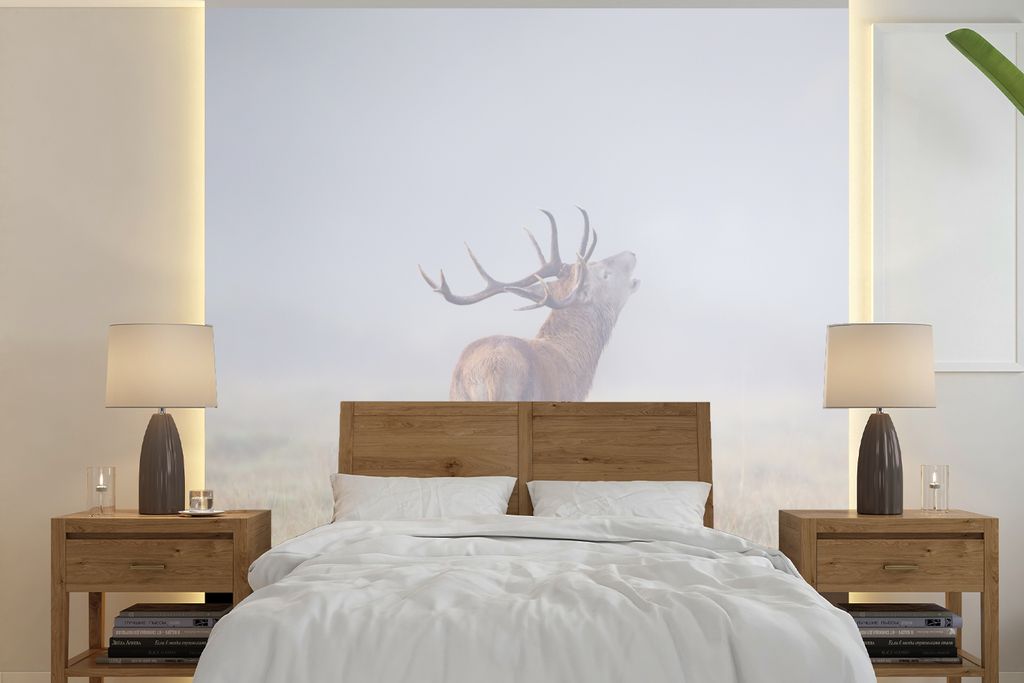MuchoWow Fototapete für Wohnzimmer oder Schlafzimmer Wandtapete Vinyl Motivtapete Hirsche - Gras - Nebel - 280x280 cm - Hintergrundbild