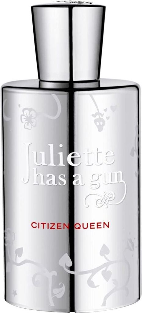 A silver perfume bottle with white floral designs and text.