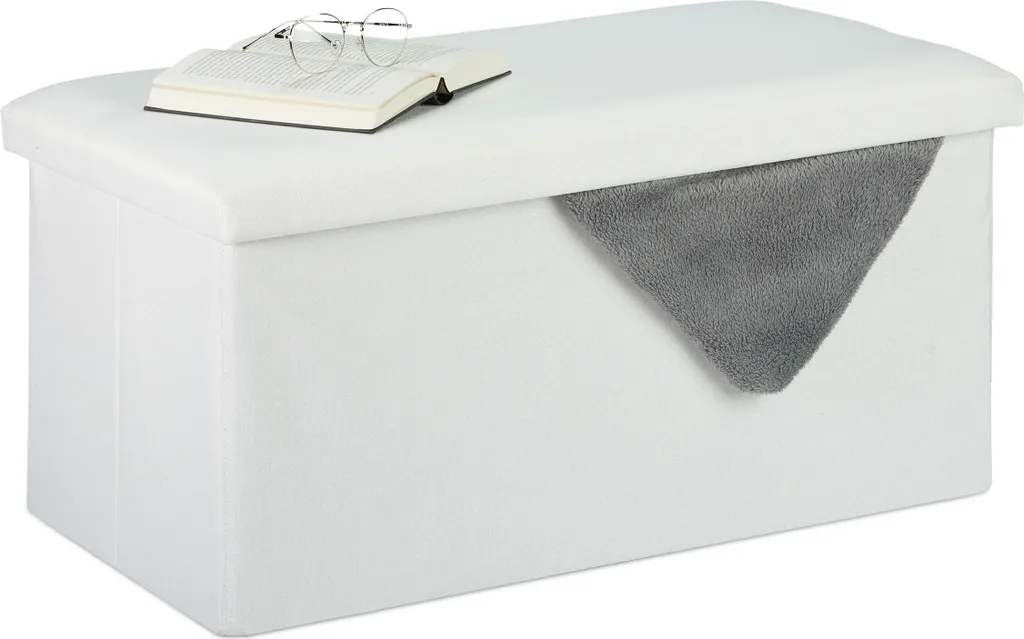 Banc coffre de rangement 76 cm en tissu lin gris pour salon ou chambre