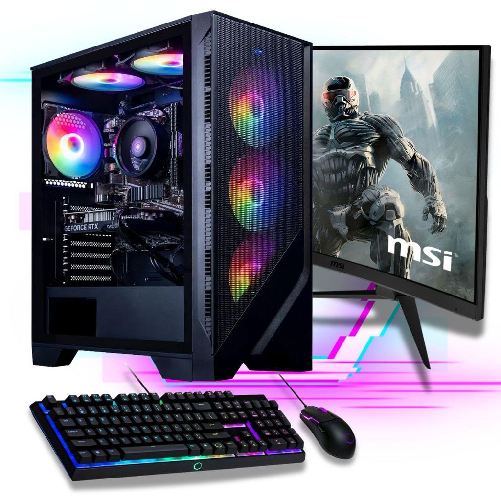 Gaming PC Komplett Set AMD Ryzen 7 5700G Radeon 500GB SSD 32GB DDR4 Windows 11 Pro W-LAN - Cooler Master 27" TFT Tastatur/Maus RGB Tower