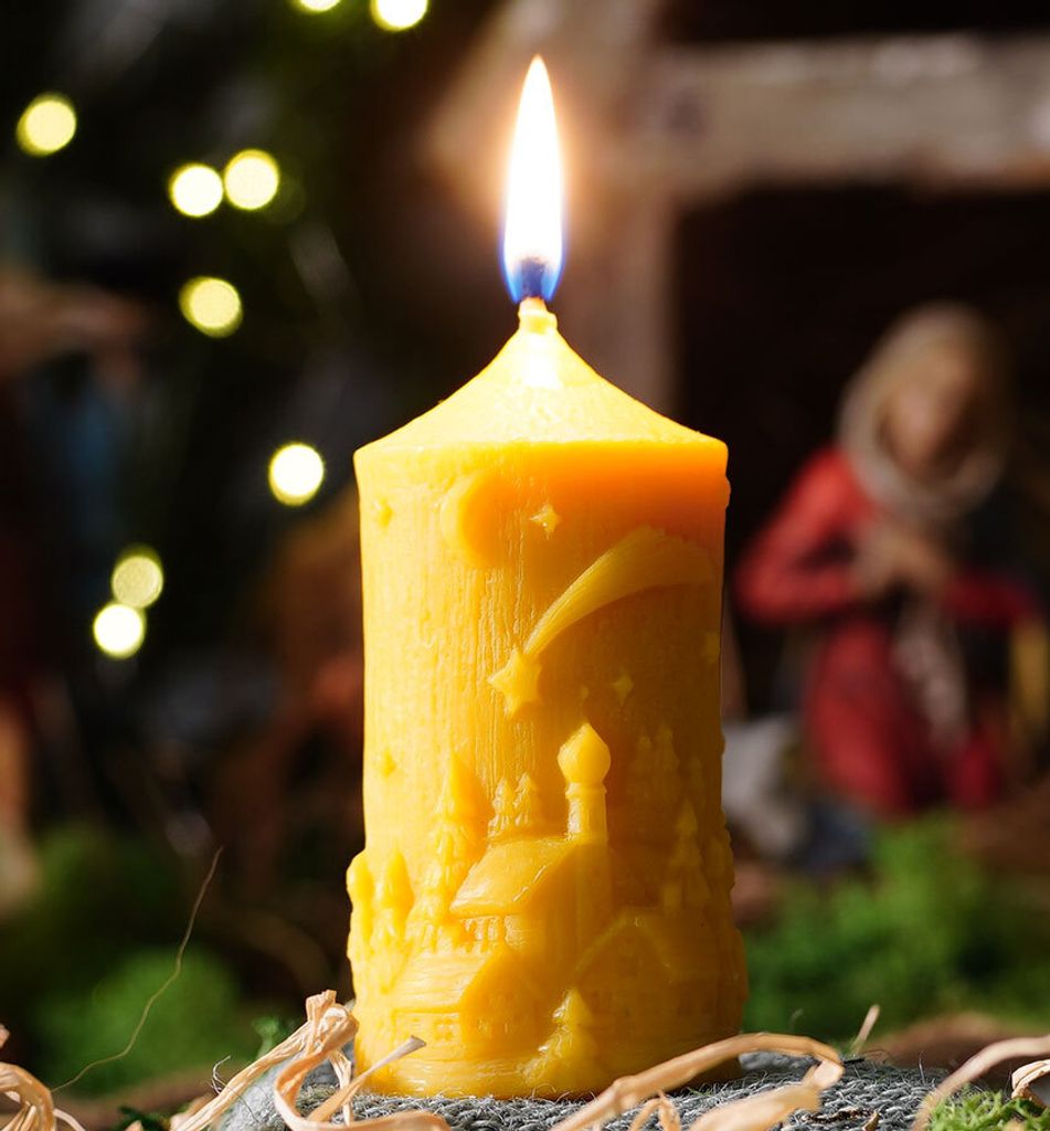 tea4chill Bienenwachskerze aus 100% Bienenwachs, Kerze 5 x 10cm Stumpen, Weihnachtslandschaft, Geschenk für Weihnachten, lange Brenndauer, Adventk...