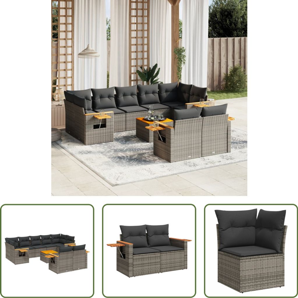 The Living Store 10-tlg. Garten-Sofagarnitur mit Kissen Grau Poly Rattan