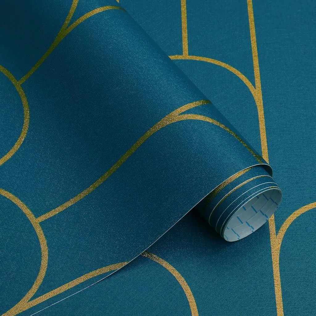 Papier Peint Géométrique Vinyle Imperméable Turquoise Or 44CMx10M Chic