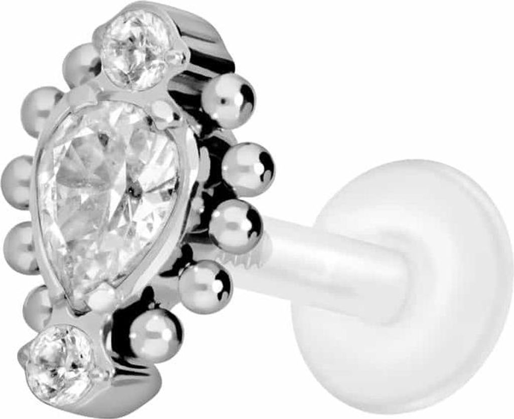 Ohrpiercing, Nasenpiercing PTFE Labret mit Innengewinde + Titan-Aufsatz 3 EINGEFASSTE KRISTALLE + KUGELN Silber Stablänge: 7mm | Stabstärke: 1,2mm