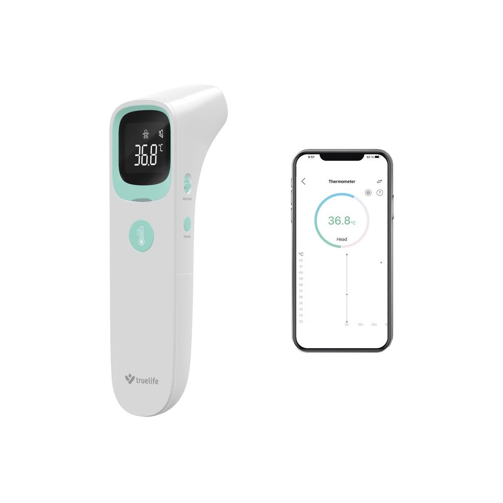 A digital thermometer and a smartphone displaying a thermometer app.
