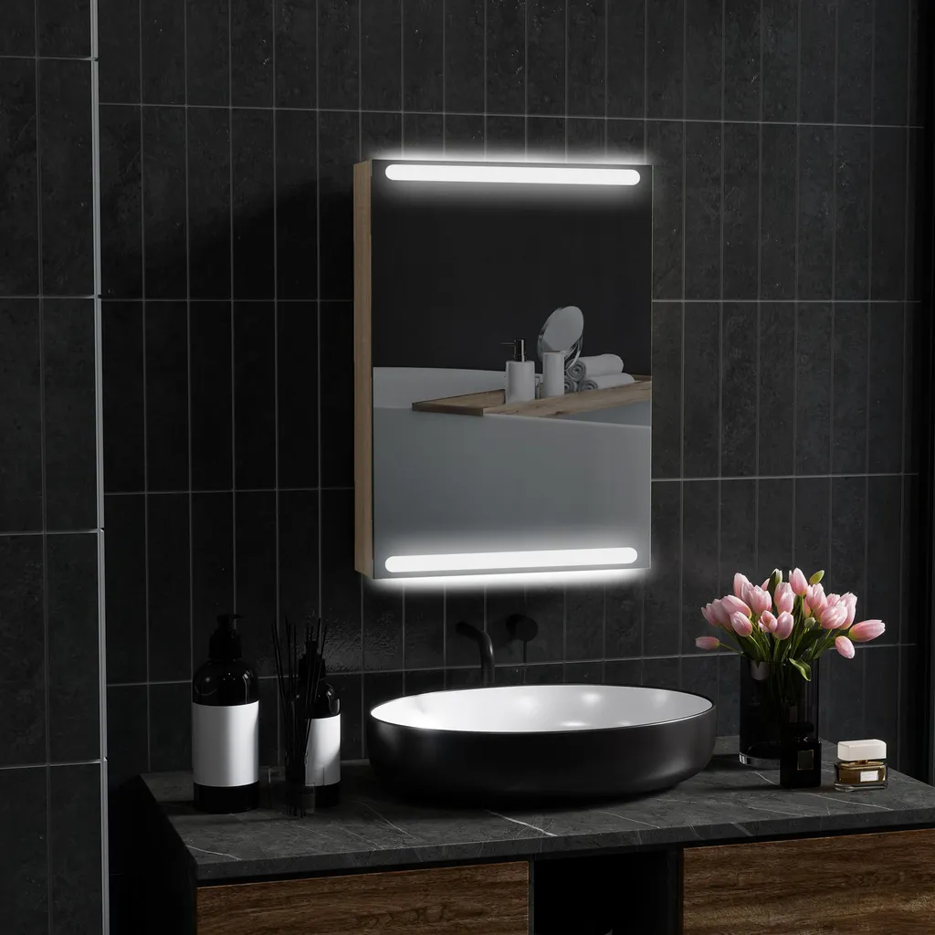 Meuble de salle de bain suspendu avec miroir et étagères réglables LED