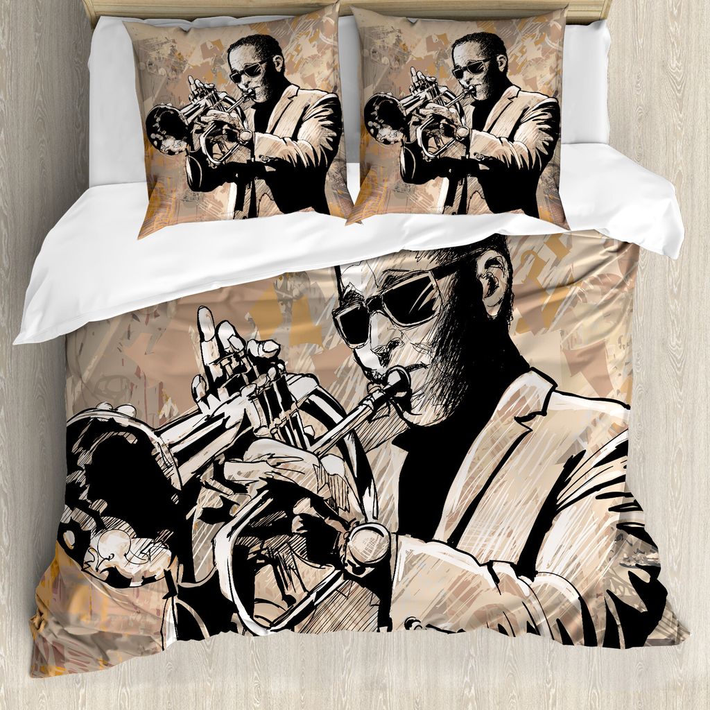ABAKUHAUS Jazz Musik Bettbezug, Musiker, Milbensicher Allergiker geeignet mit Kissenbezügen, 155 cm x 220 cm - 80 x 80 cm, beige Schwarz