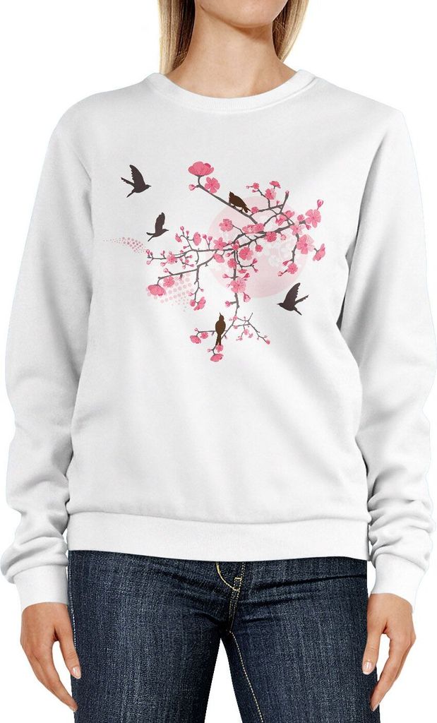 Sweatshirt Damen Print Kirschblüten Vögel Japan Rundhals-Pullover Pulli Sweater Neverless weiß XL