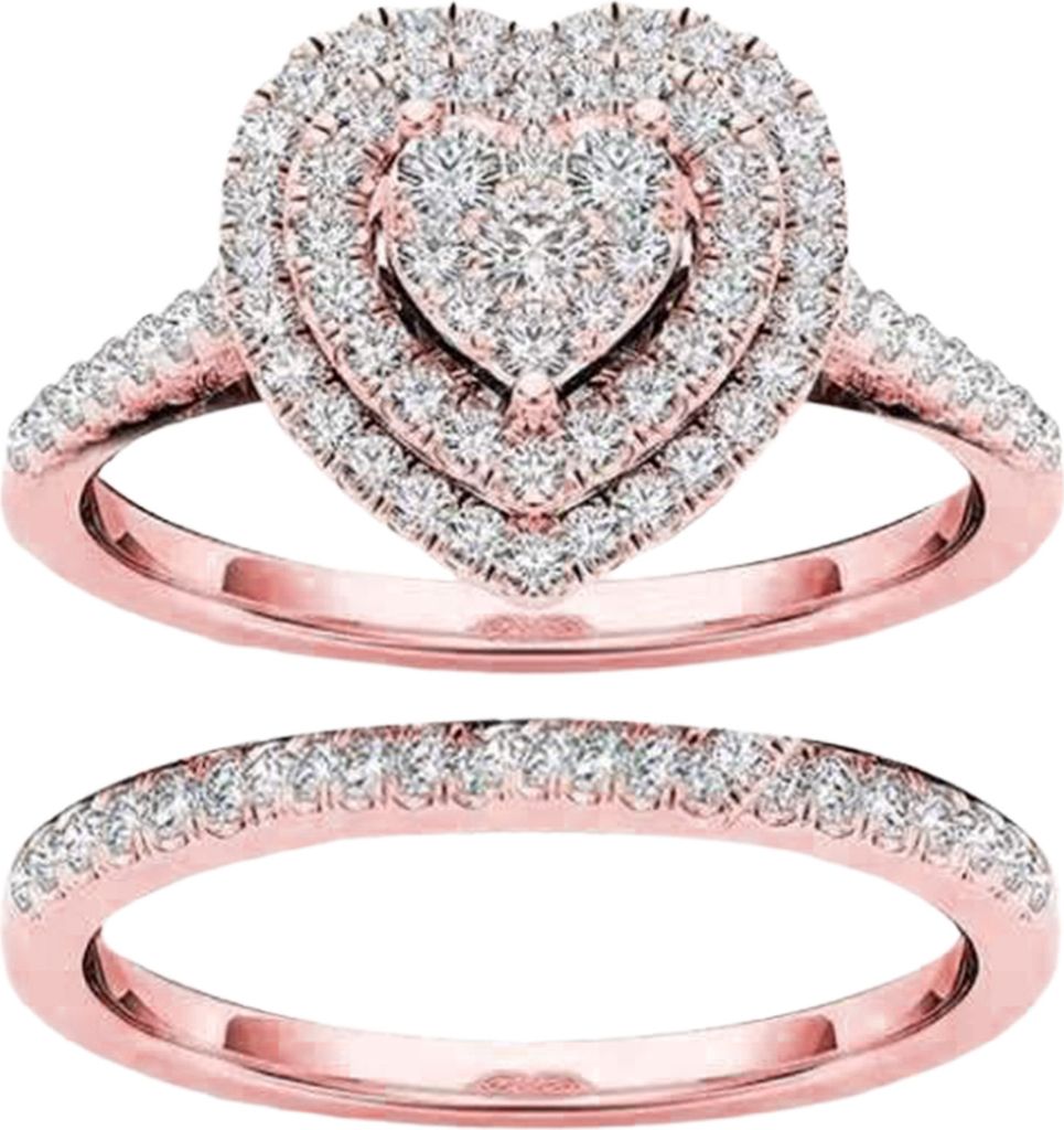 2 Teile/satz Ring Attraktive Dekorative Legierung Zarte Herz Form Strass Frauen Braut Ring für Hochzeit-Roségold,US 11