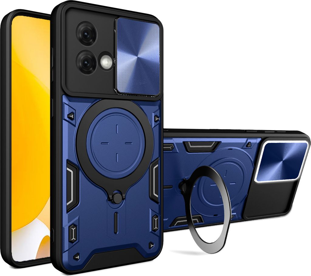 Handyhülle für Motorola Moto G84 Dual-Layer Stoßfest Rüstung Hülle mit Dia Kameraschutz und Kreisförmig Ring Ständer Blau