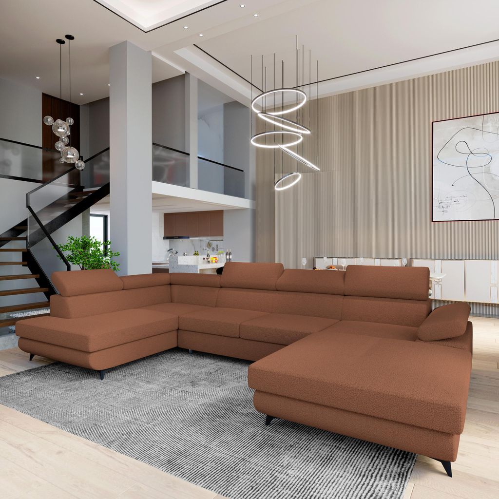 Masseno Ecksofa RUBANO L-S mit Schlaffunktion U-Form, Sofa mit Bettkasten, Wohnzimmersofa, Couch, Soffa, Bettsofa, Couchgarnitur- Orange, QUELLE 54