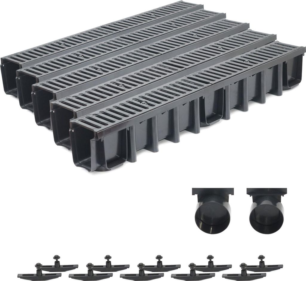 5m Entwässerungsrinne Tiefe 148mm Belastungsklasse C250, Gußrost komplett SET (schwarz)