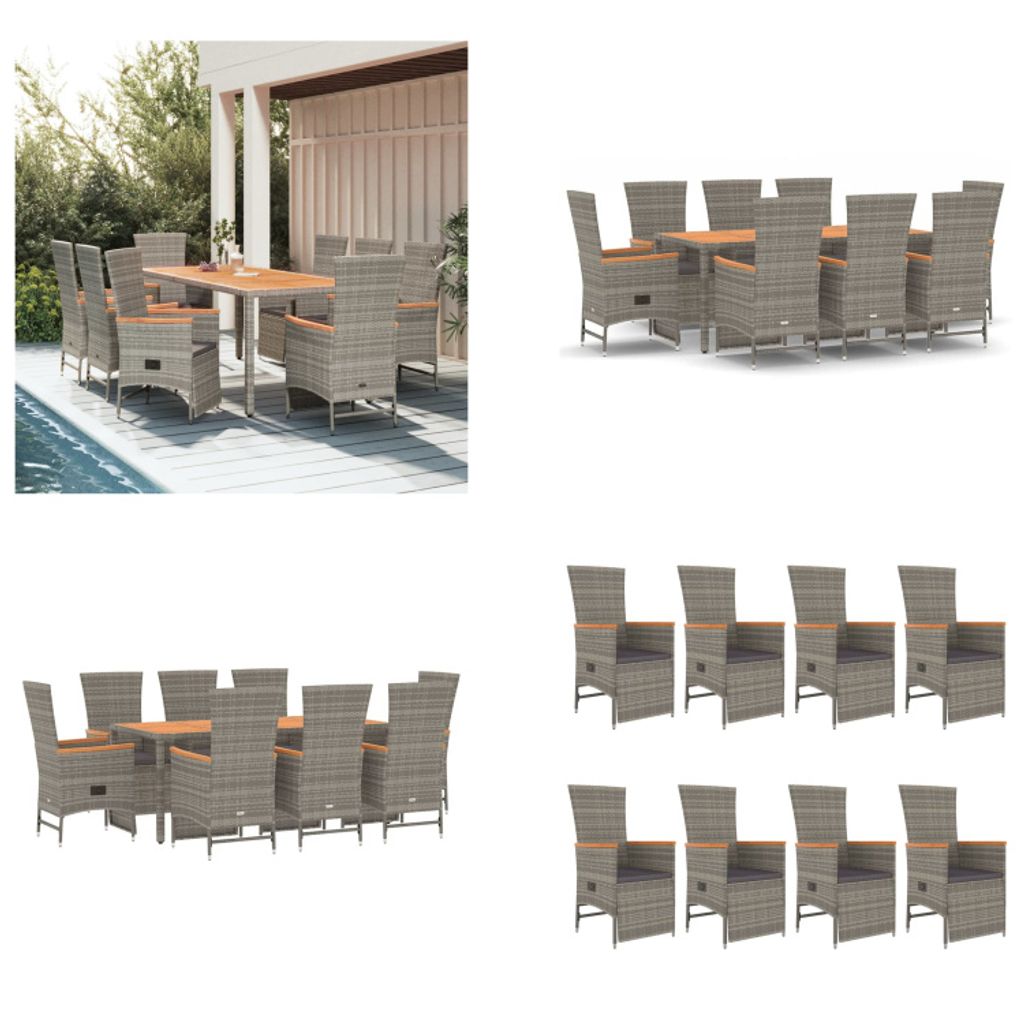 vidaXL 9 tlg. Garten Essgruppe mit Kissen Grau Poly Rattan Produktbild 