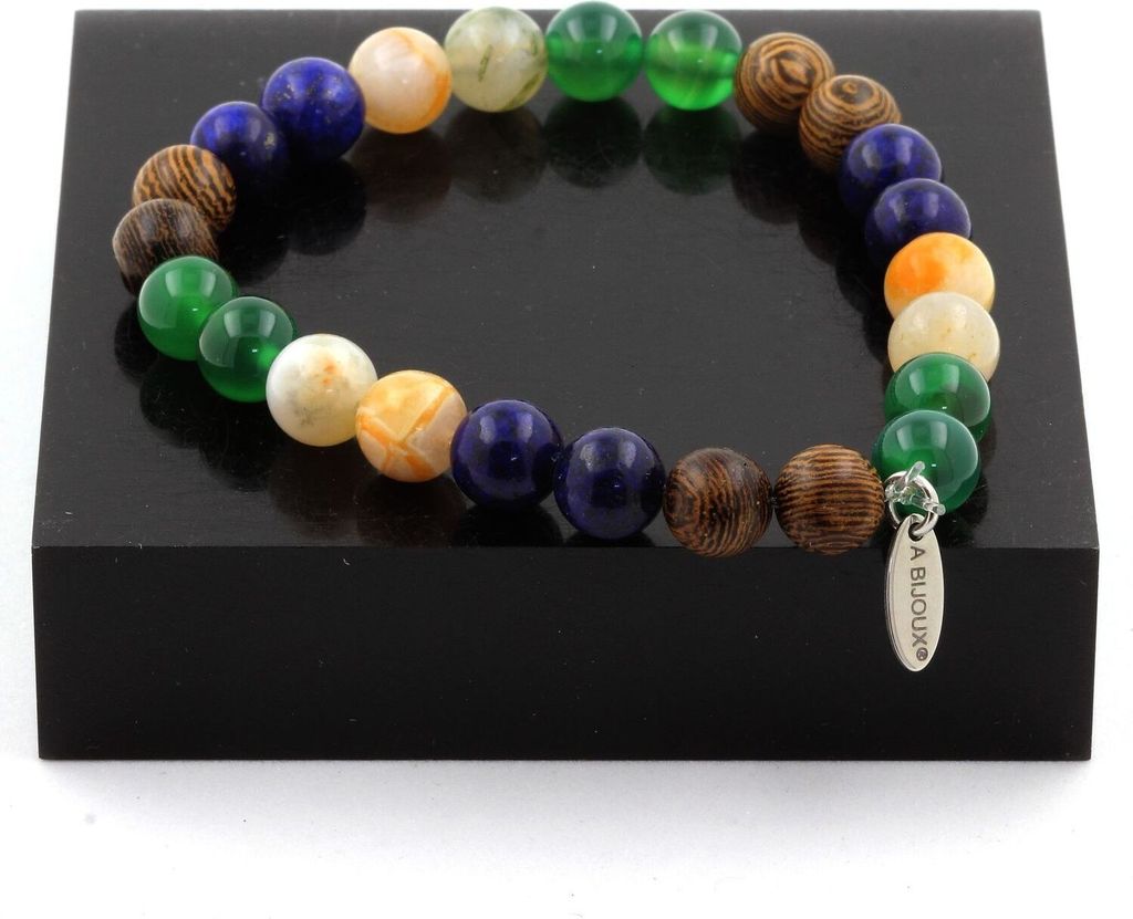 Armband Lapislazuli-Perlen + grüner Achat + Bambusblatt-Achat + Holz 8 mm