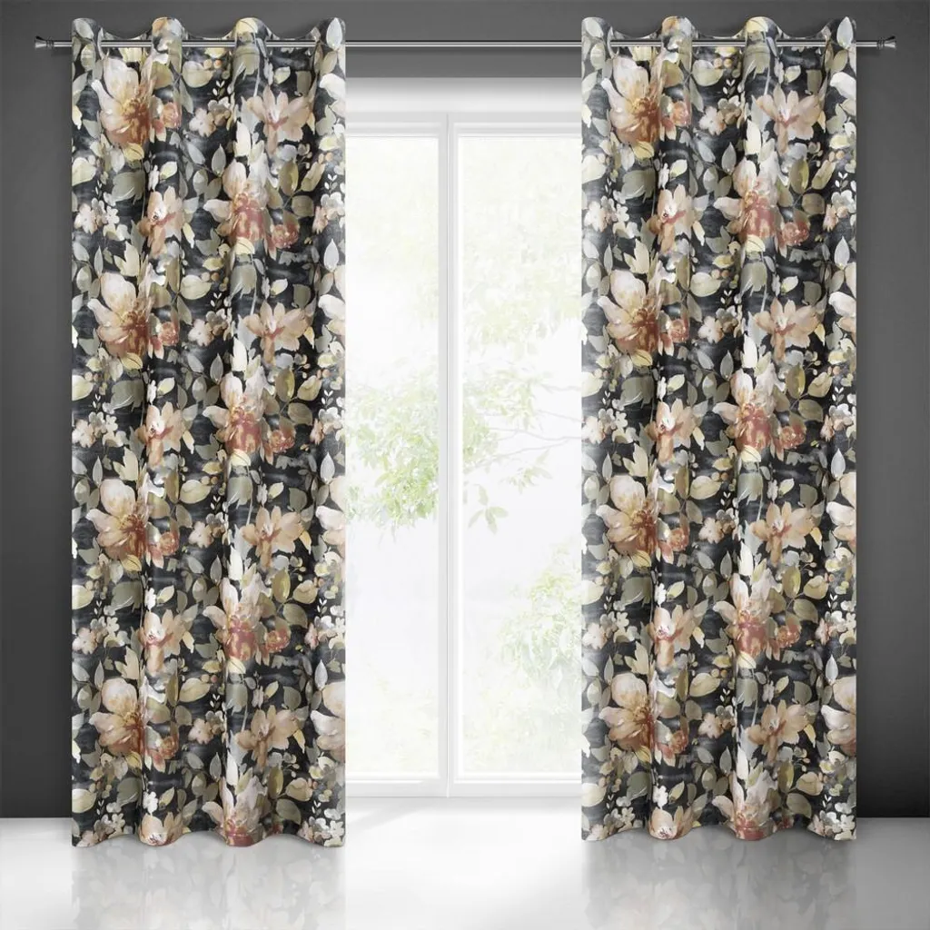 Rideau de salon velours 140x250 cm beige et graphite fleurs Betty