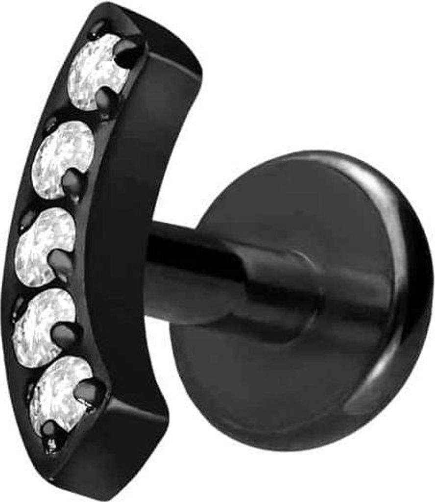 Ohrpiercing, Nasenpiercing Titan Labret mit Innengewinde BOGEN + 5 KRISTALLE Schwarz Stablänge: 5mm | Stabstärke: 1,2mm