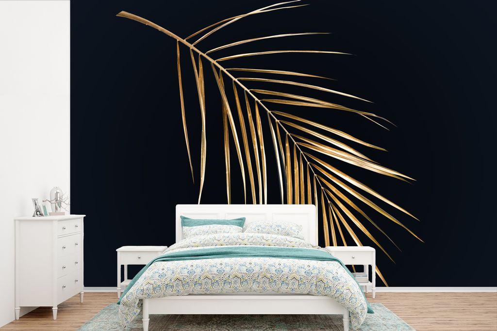 MuchoWow Fototapete für Wohnzimmer oder Schlafzimmer Wandtapete Vinyl Motivtapete Pflanzen - Gold - Schwarz - Blätter - Luxus - 390x260 cm - Pa...