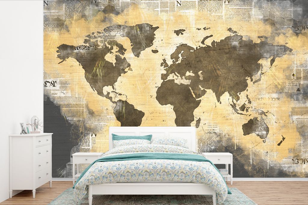 MuchoWow Fototapete für Wohnzimmer oder Schlafzimmer Wandtapete Vinyl Motivtapete Weltkarte - Gold - Zeitung - 420x280 cm - Zimmer für Kinder