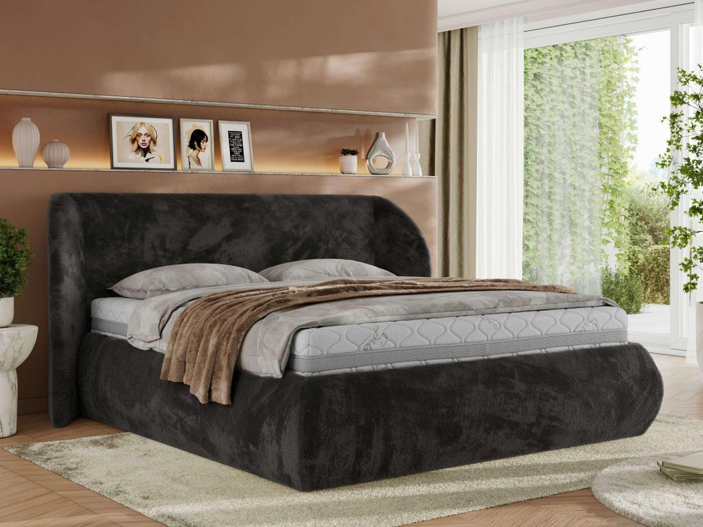 MKS MEBLE Polsterbett mit Bettkasten CAELA CLASSIC Bett mit Stauraum und Gasdruckfeder Doppelbett Pocket Matratze VIRE LUX 140x200 Dunkelgrau Plüsch