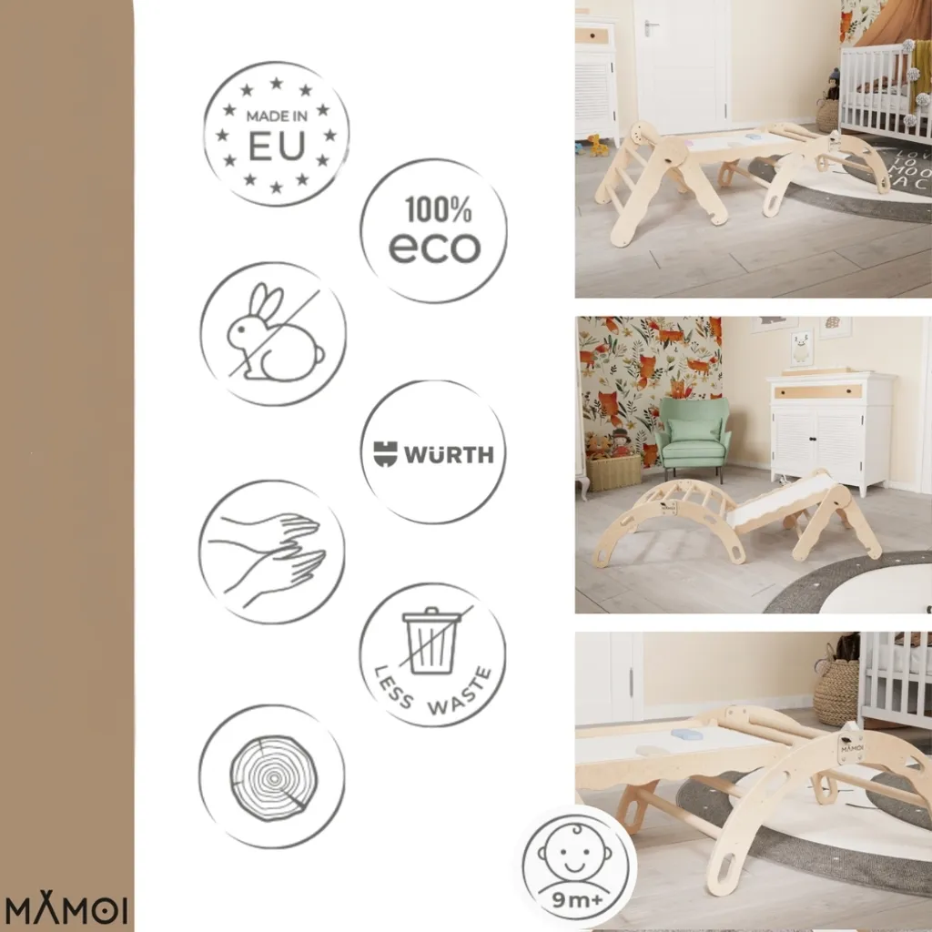 Triangle d'escalade modulable en bois et arc de bascule pour bébé - 5