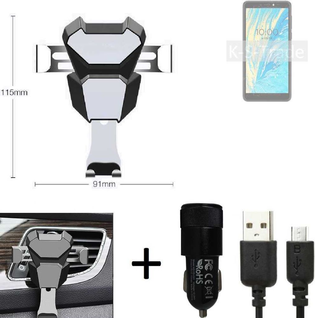 K-S-Trade KFZ Halterung kompatibel mit BQ Mobile BQ-5740G Spring Halterung Lüftungshalterung Lüftungsschlitz schwarz-silber Autohalterung Handy