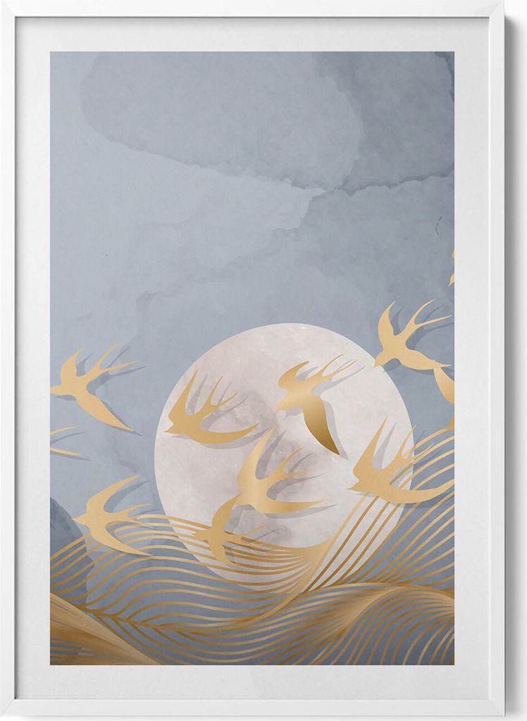 Illustration des Mondes und fliegender Vögel– Wandbild mit Rahmen – Gerahmtes Bild – Wanddekoration – 70x100 cm – Weiß Rahmen