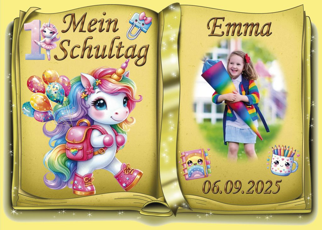 Tortenaufleger Tortendeko Fototorte Tortenbild Einhorn Regenbogen Einschulung Schulanfang 1. Schultag Schuleinführung SE07 (Zuckerpapier) DIN A4 m...