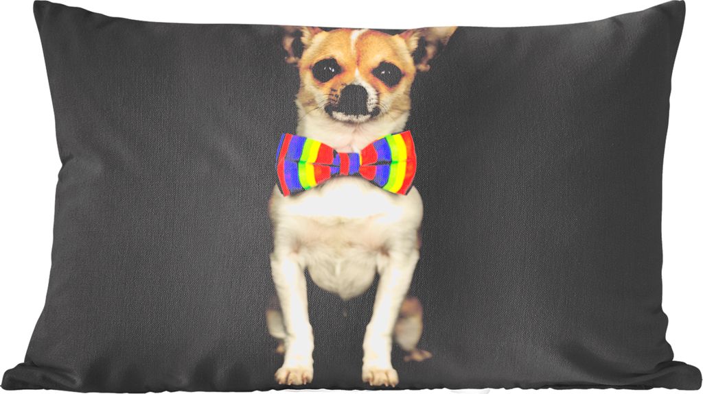 MuchoWow Zierkissen Sofakissen Wohnzimmer Dekokissen 50x30 cm Hund - Fliege - Schwarz - Wohnzimmerdekoration - Polster mit Photo