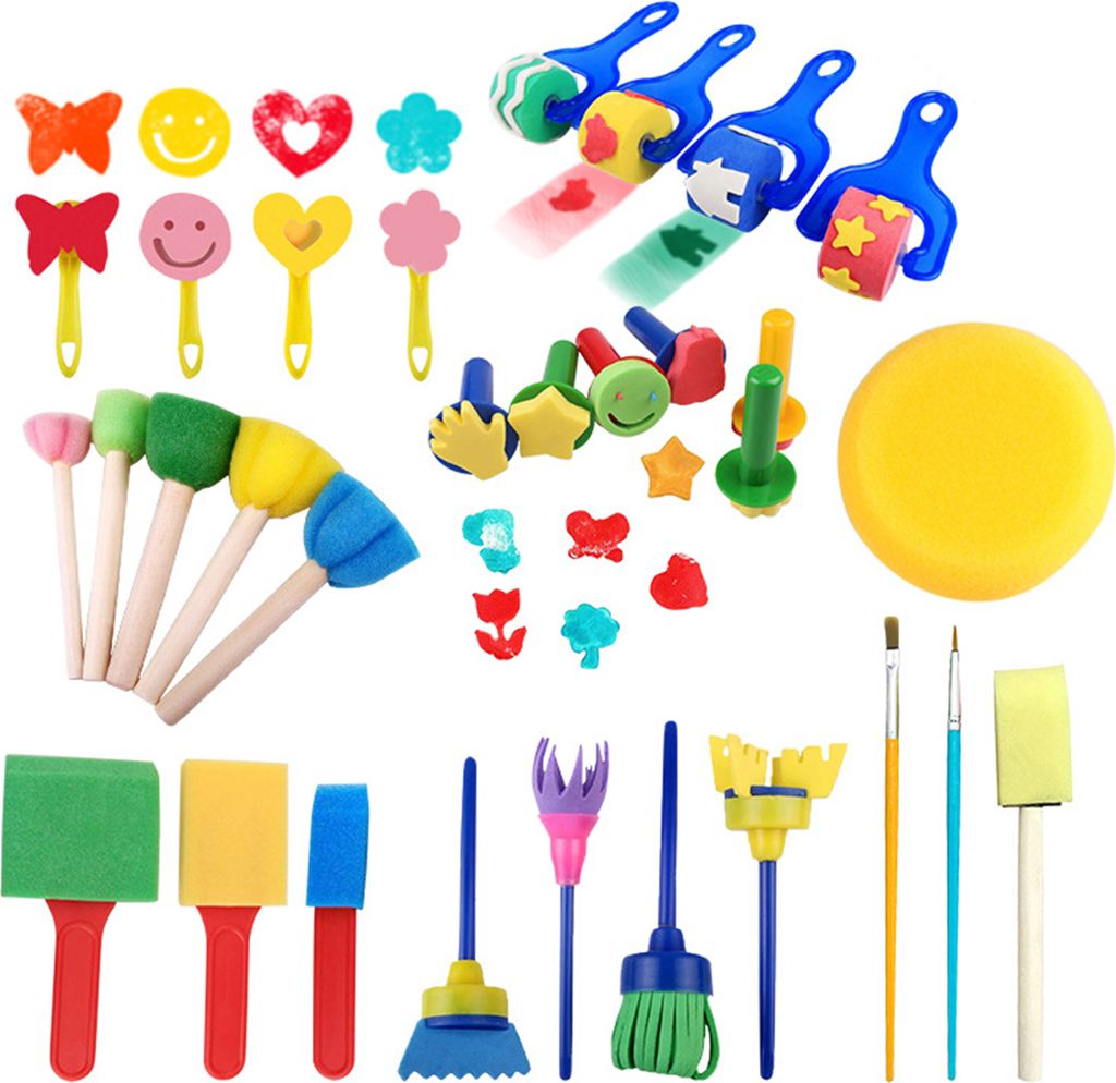 Pinselset Kinder 40 Stück Schwammpinsel Set, Schwammstupf Pinsel Runde Schwammpinsel Zum Pelikan Wasserfarbkasten
