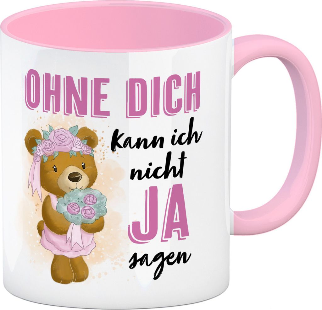 Trauzeugin Teddybär Kaffeebecher in rosa mit Spruch Ohne Dich nicht Ja sagen