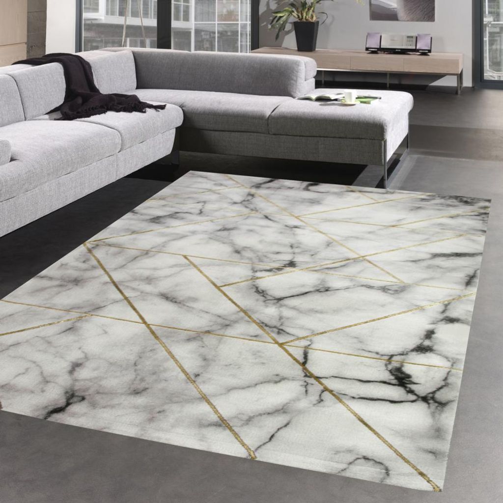 Designerteppich I Marmoroptik und Glanzfasern I Grau Gold Größe - 200 x 290 cm